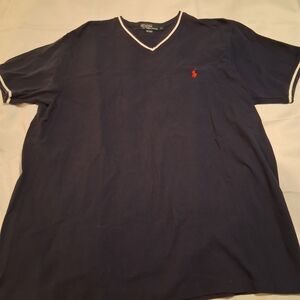 Polo by Ralph Lauren Navy V-Neck Shirt with White Trim And Red Logo Size XL Mens